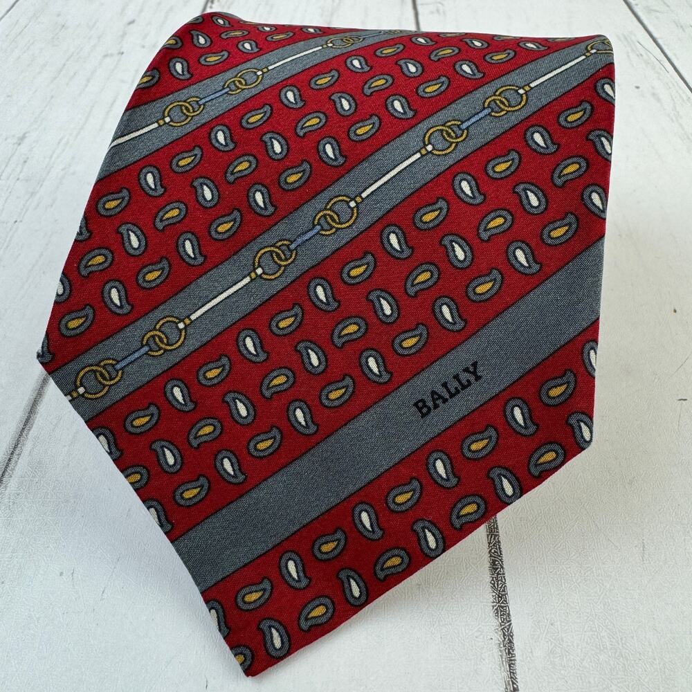 VTG Bally Red Silk Paisley Chainlink Necktie Tie Handmade Italy Designer Rare